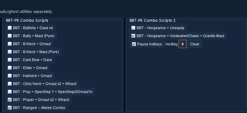 PK scripts with combos, switches and support tools inside an organized interface.