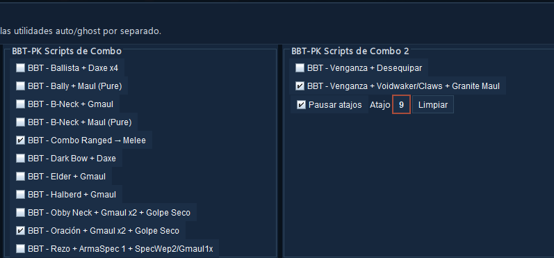 Scripts de PK con combos, switches y apoyo dentro de una interfaz organizada.